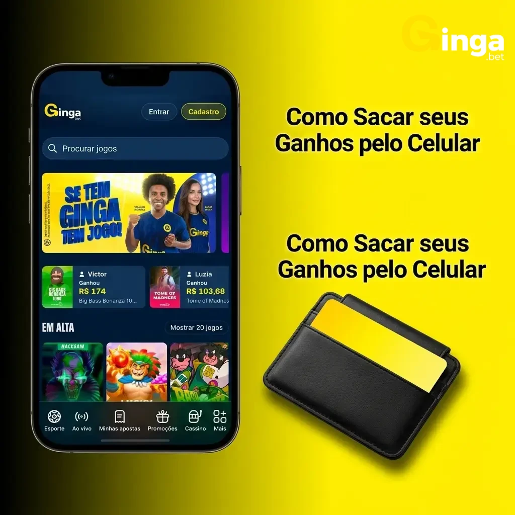 Homem sacando ganhos pelo celular na Gingabet via Pix com etapas simples e rápidas.
