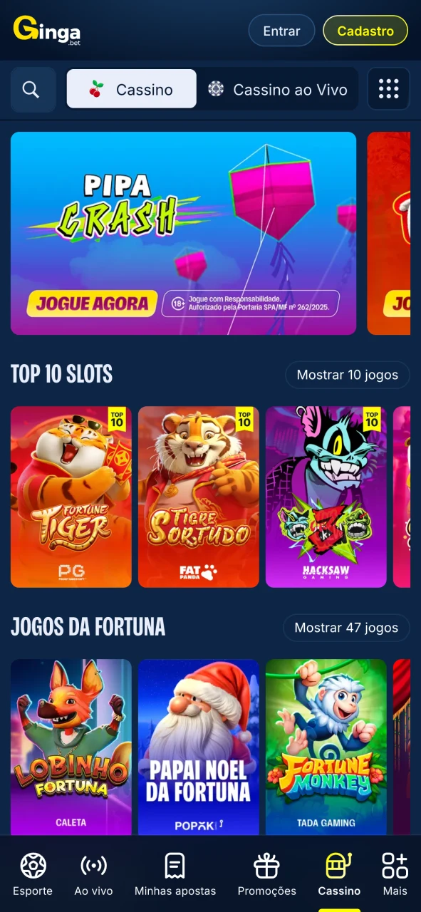 Gingabet explore o cassino no app e acesse títulos com carregamento rápido.