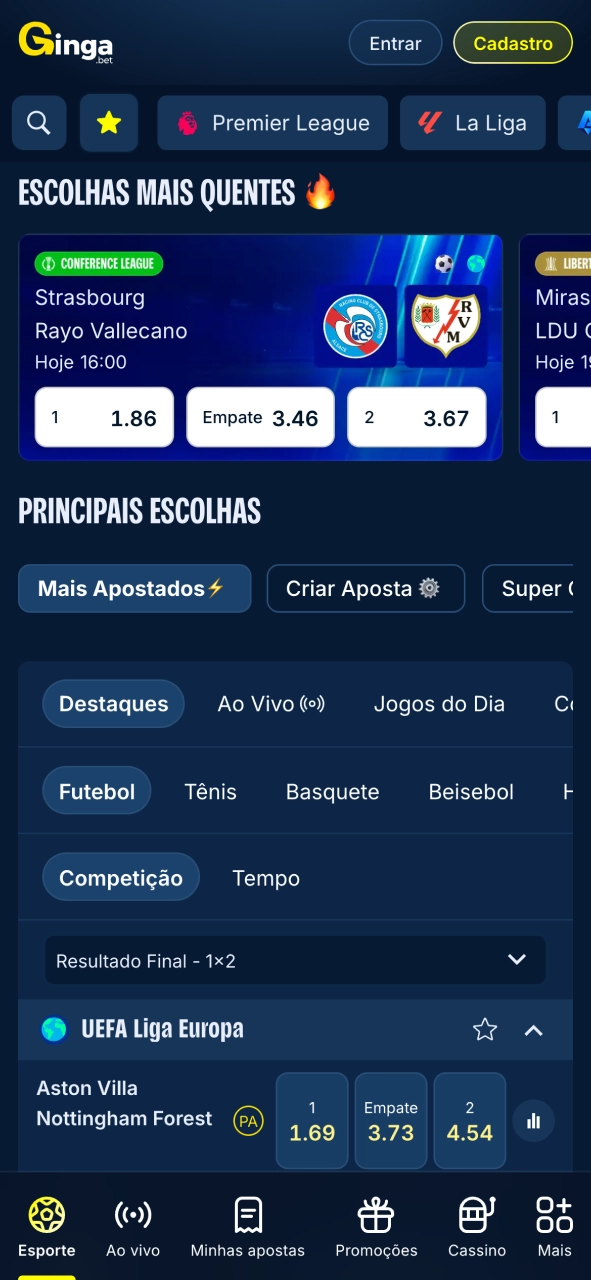 Gingabet acompanhe esportes pelo app e visualize partidas em tempo real.