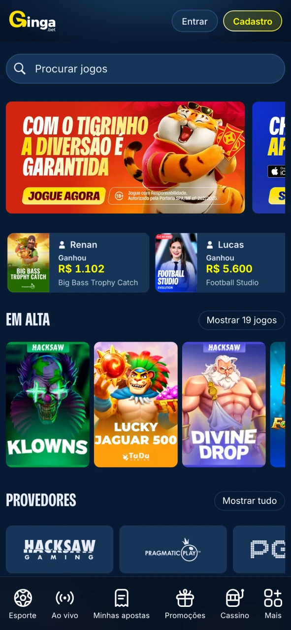 Gingabet explore o início do aplicativo e encontre funções com poucos toques.