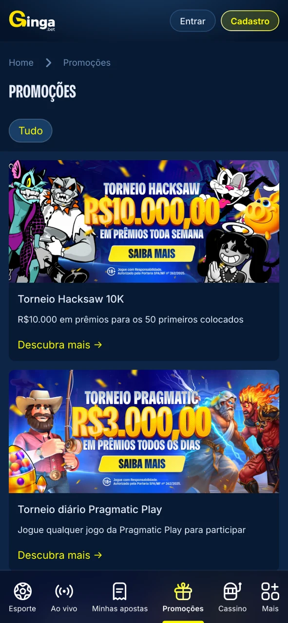 Gingabet visualize promoções no aplicativo e acompanhe ofertas ativas facilmente.