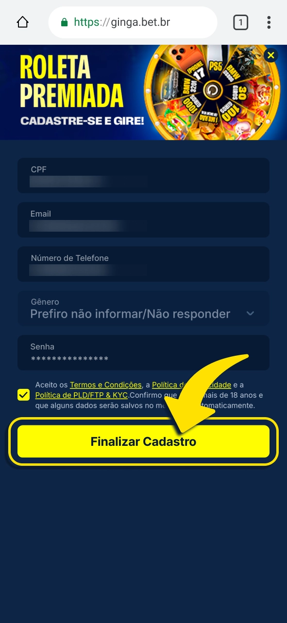 Gingabet registre sua conta pelo celular e comece a usar a plataforma.