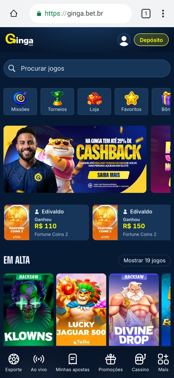 Gingabet utilize a versão web e navegue pelo celular sem baixar aplicativos.