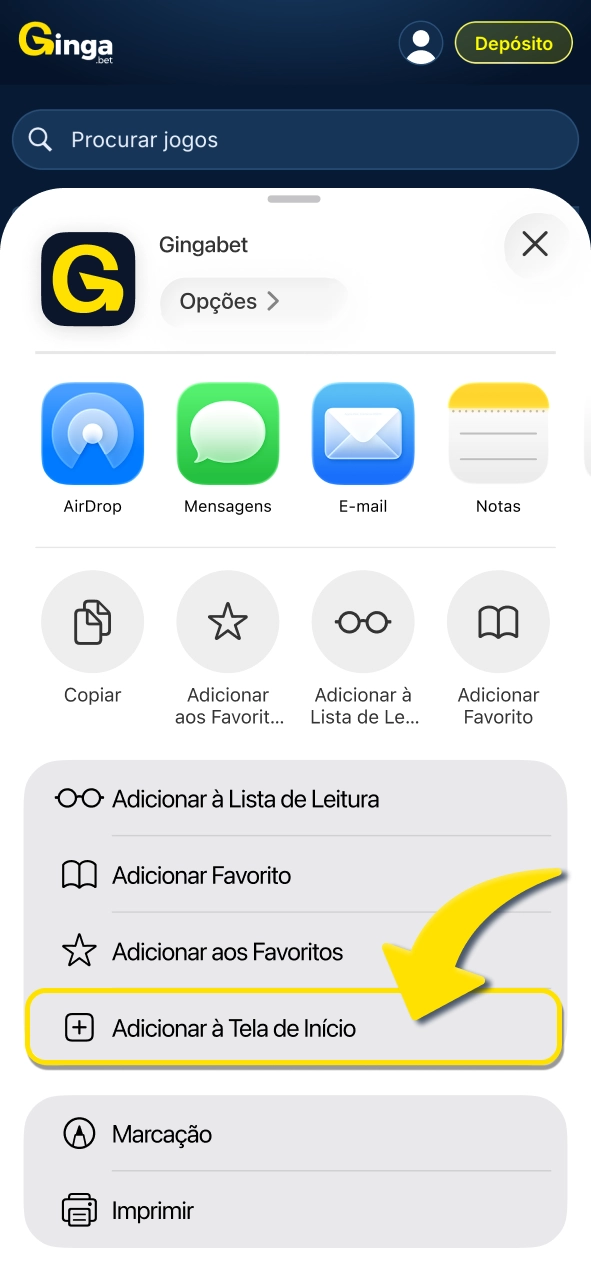 Gingabet adicione à tela inicial e abra a plataforma com um toque.
