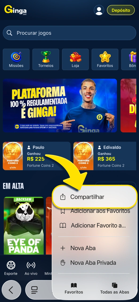 Gingabet utilize o menu compartilhar e prepare acesso rápido no iPhone.