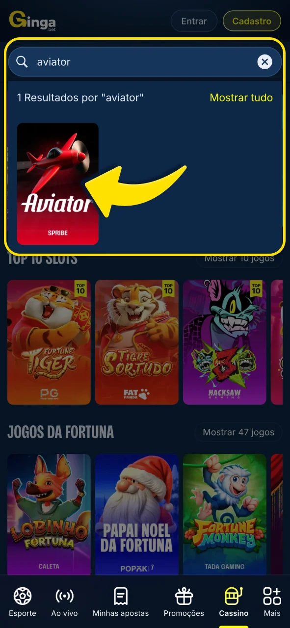 Busque pelo Aviator no cassino Gingabet.