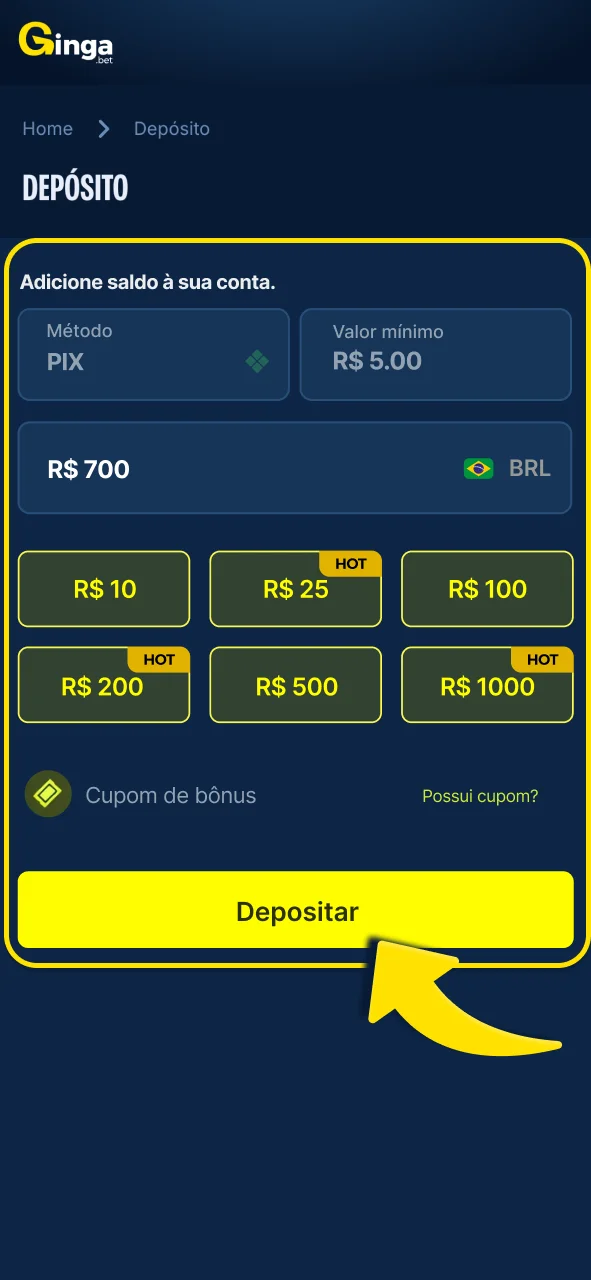 Faça um depósito rápido na Gingabet.