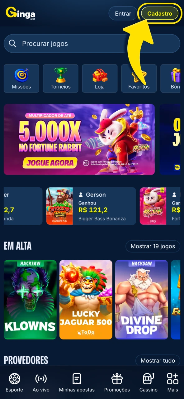 Gingabet abra o formulário de cadastro e inicie seu registro online rapidamente.