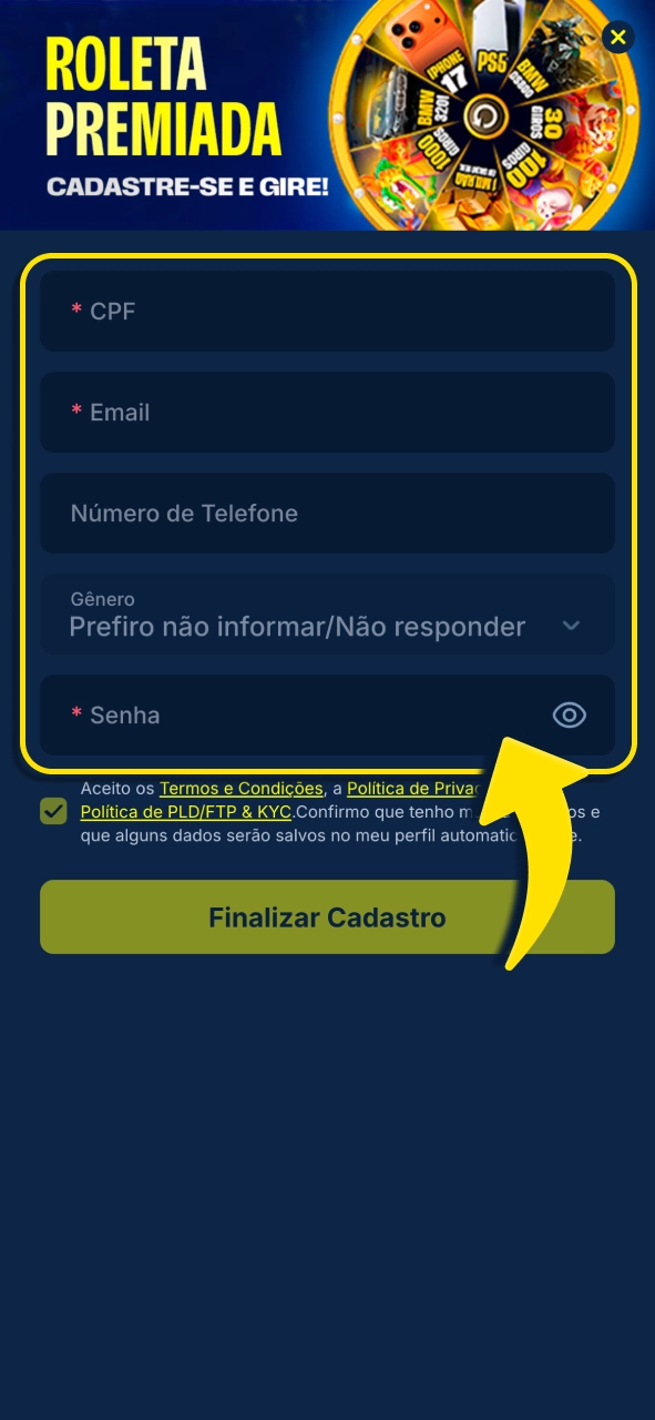 Gingabet informe seus dados pessoais e configure acesso seguro à conta.
