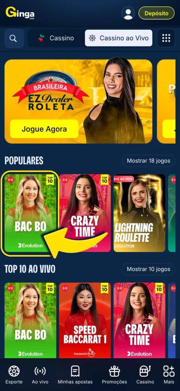 Escolha sua mesa ao vivo na Gingabet.