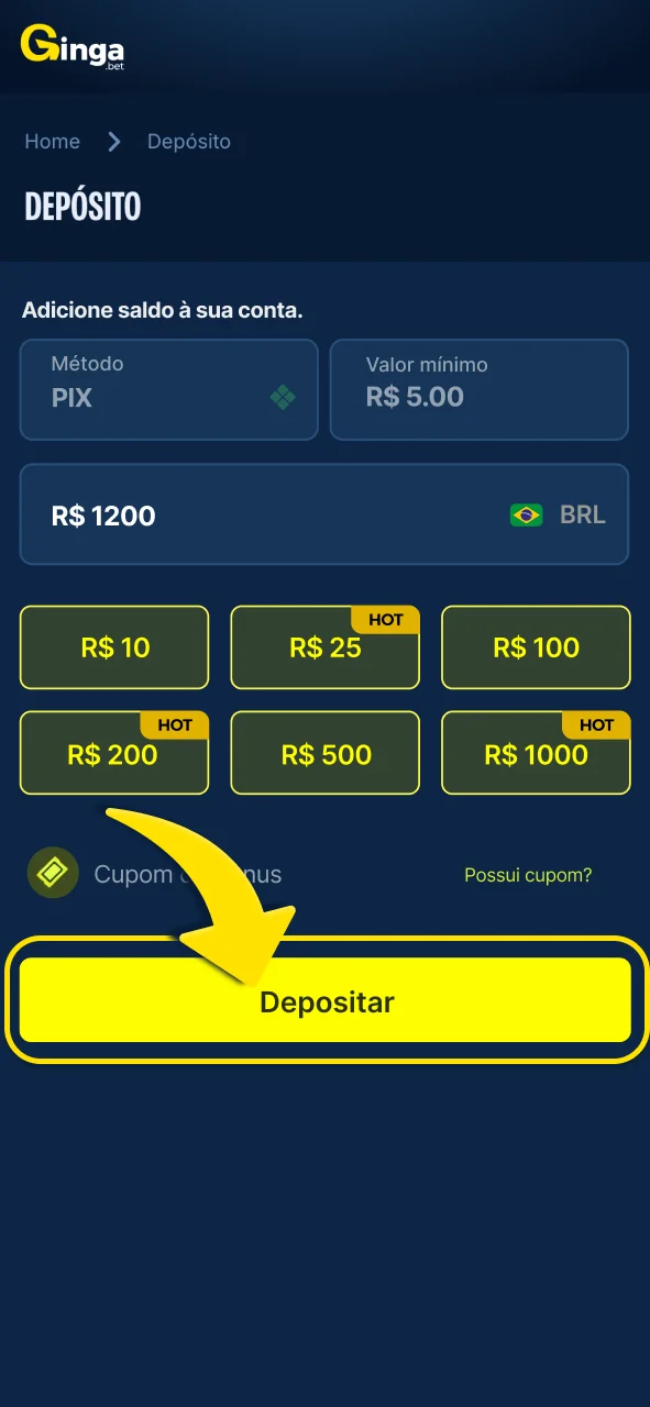 Faça seu primeiro depósito na Gingabet.