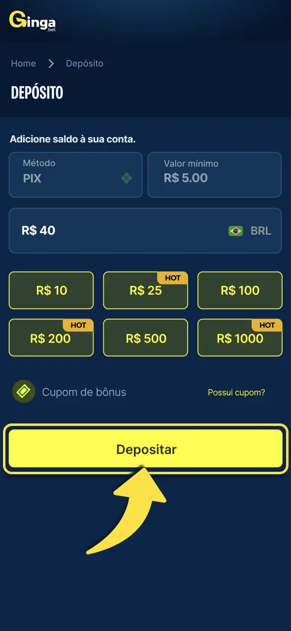 Gingabet faça depósito via Pix e receba saldo imediatamente na conta.