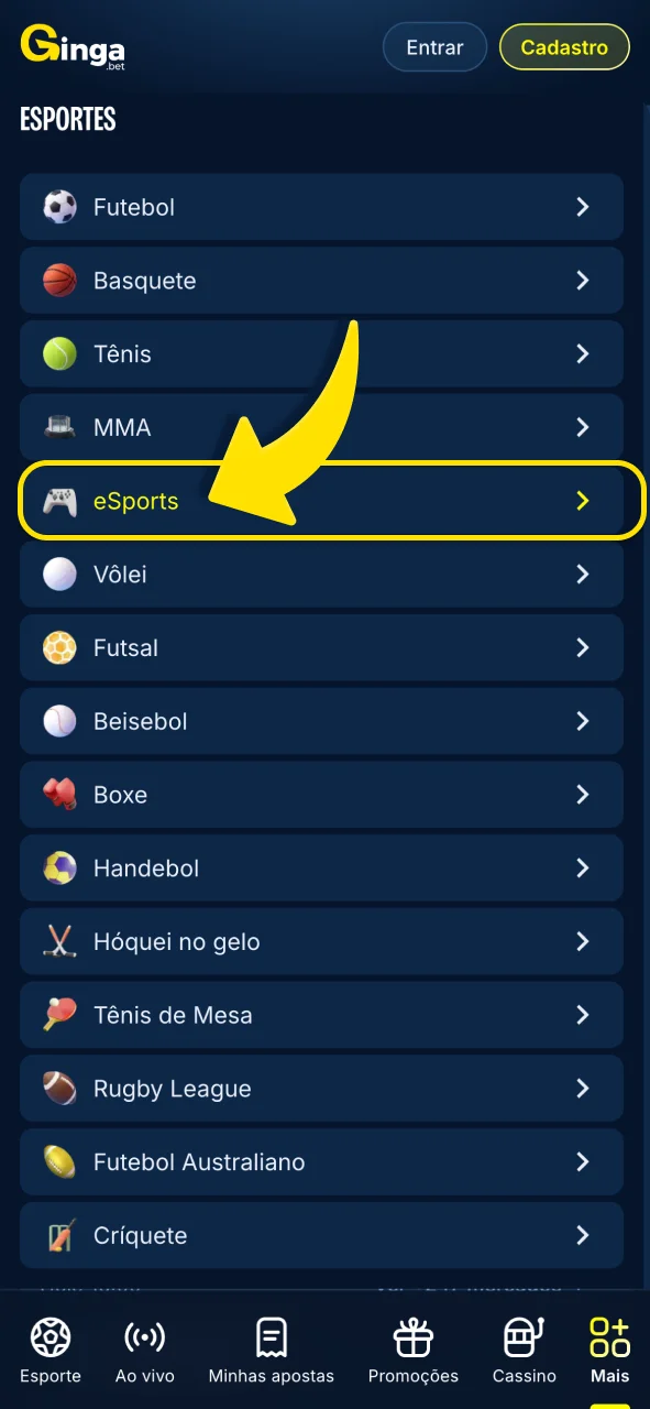 Acesse a seção de eSports na Gingabet.
