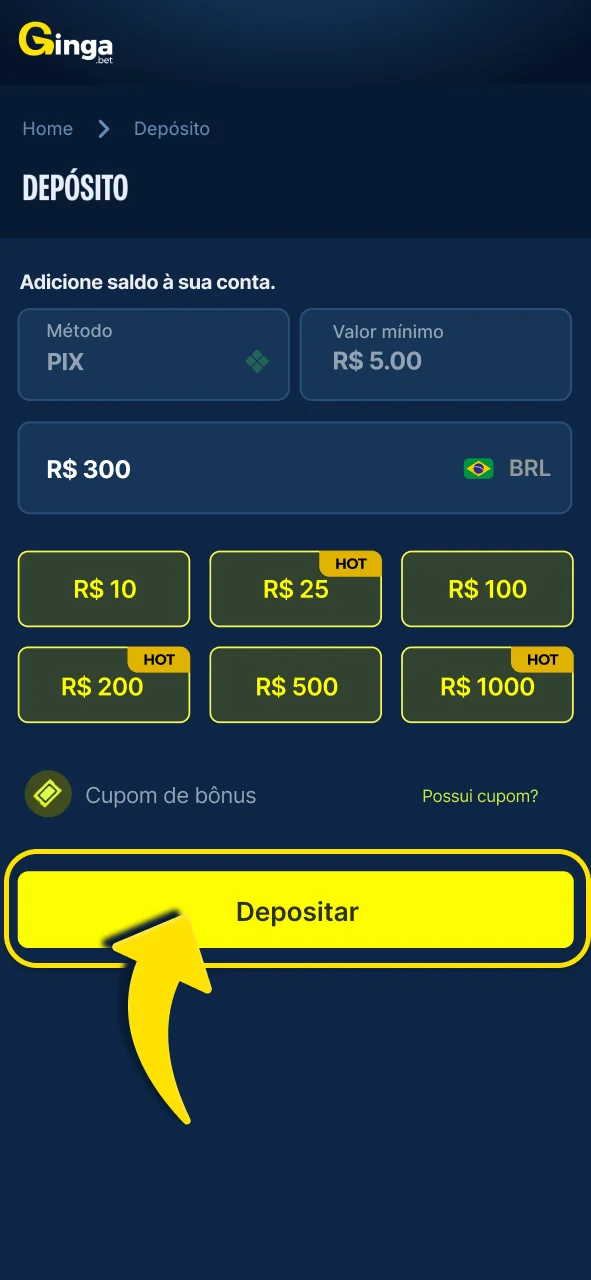 Deposite na Gingabet usando o Pix.