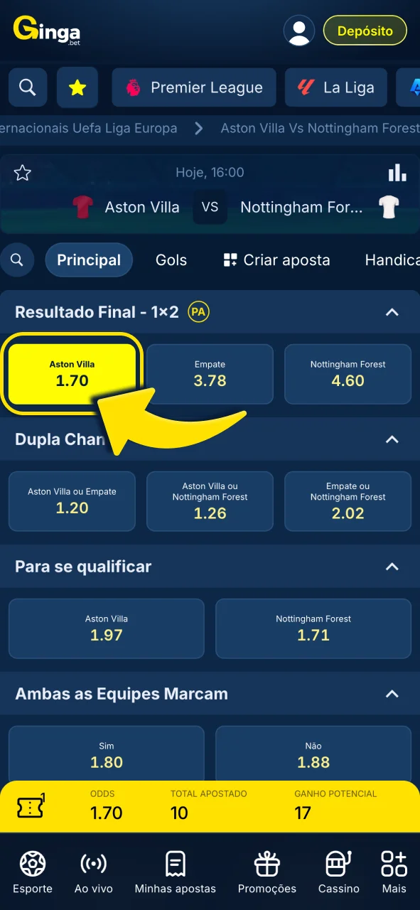 Selecione sua partida favorita na Gingabet.