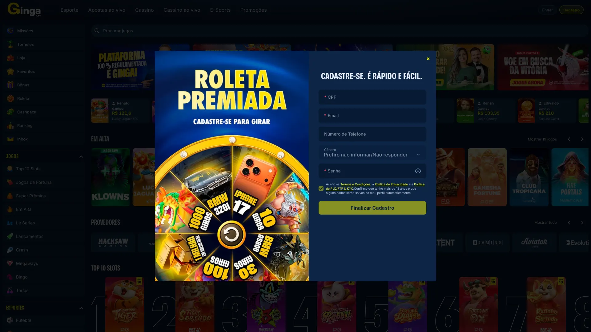 Gingabet crie sua conta e desbloqueie acesso às funcionalidades da plataforma.