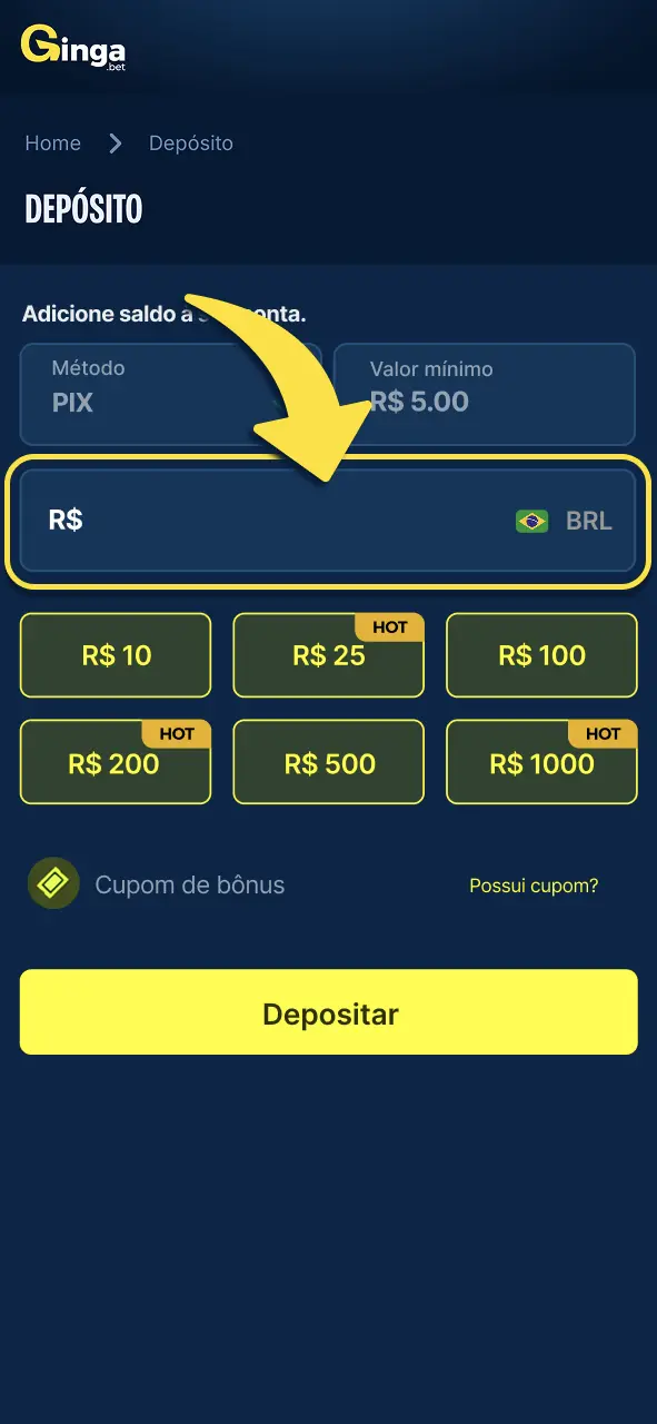 Gingabet informe o valor e ajuste o depósito conforme sua preferência.