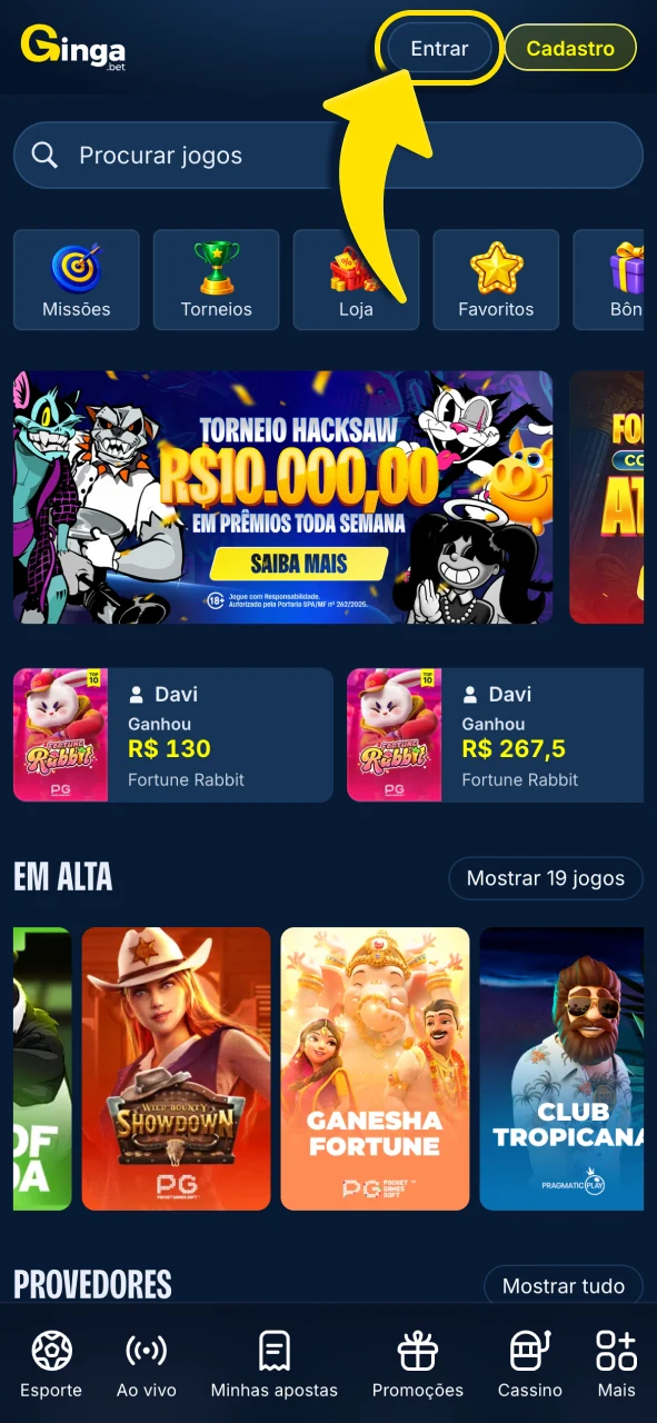 Gingabet faça login e abra o painel principal para gerenciar saldo.