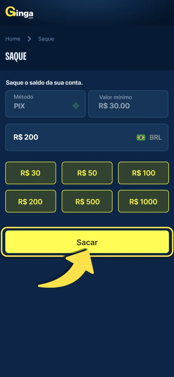 Gingabet finalize retirada e monitore atualização do pedido na sua conta.