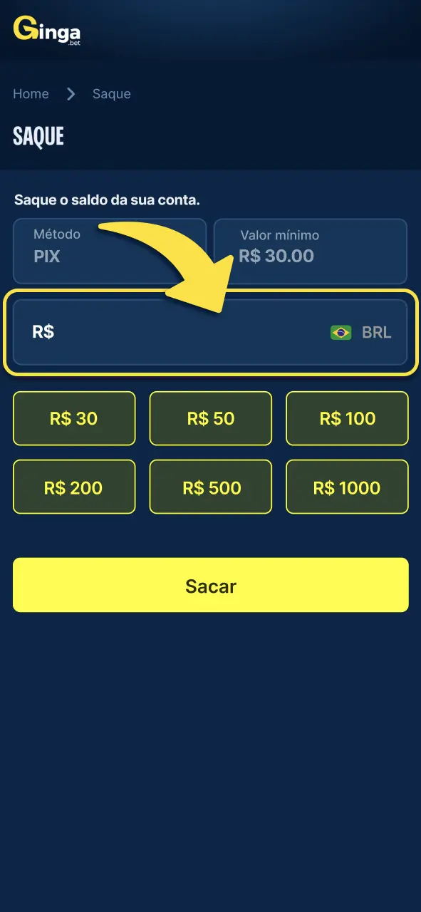 Gingabet defina quantia desejada e confirme informações da operação.