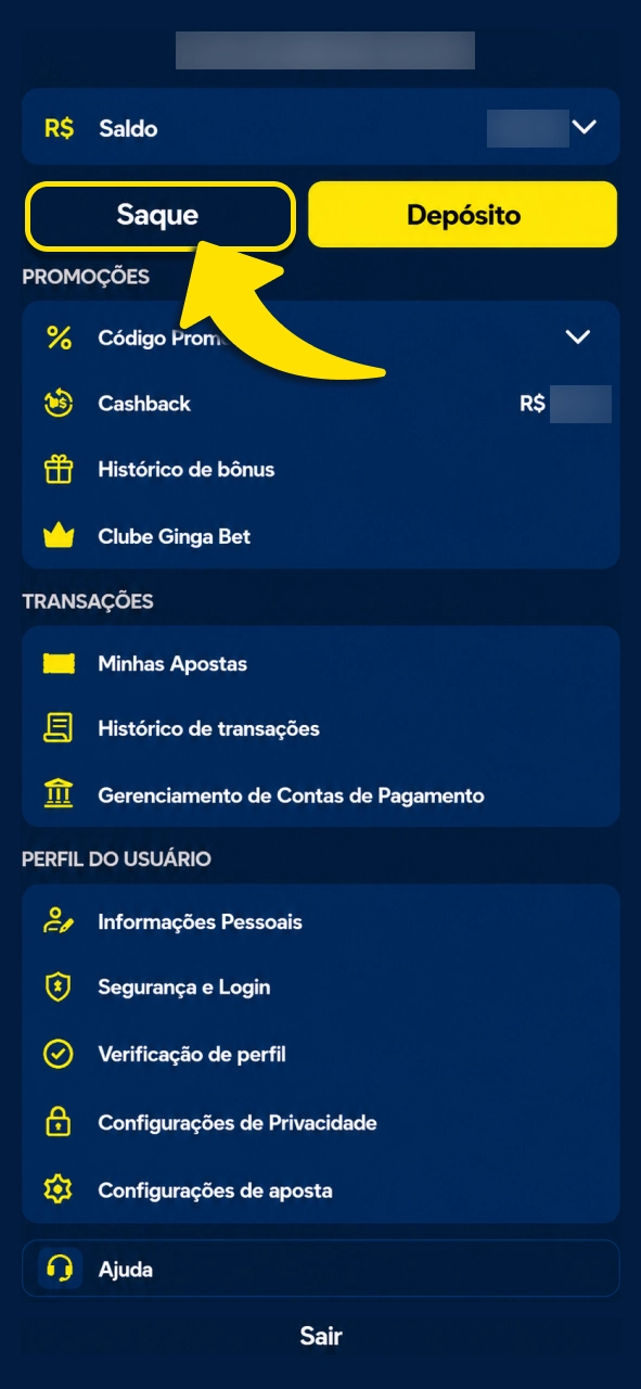 Gingabet abra a seção de saque e visualize métodos disponíveis rapidamente.
