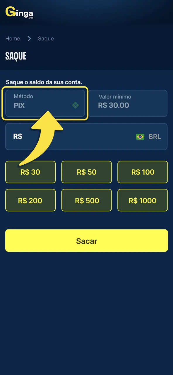 Gingabet selecione forma de saque e confirme dados bancários cadastrados.