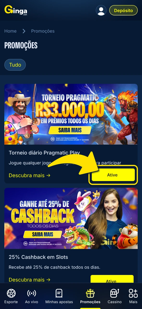 Gingabet ative promoções e acompanhe saldo promocional diretamente na conta.