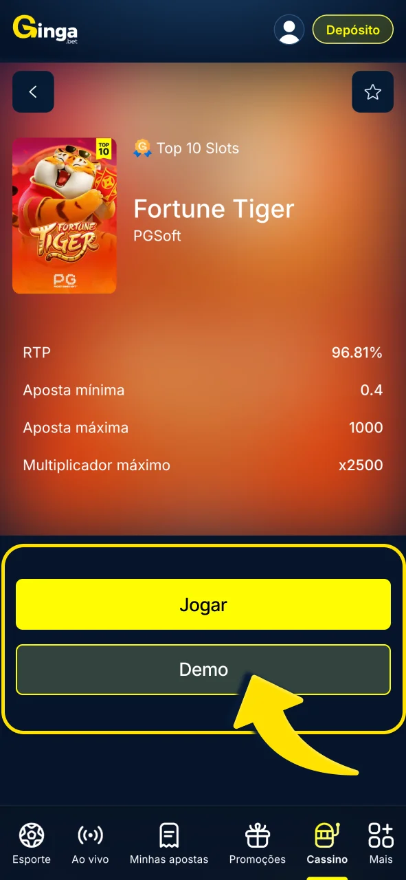 Escolha o modo real ou demo na Gingabet.