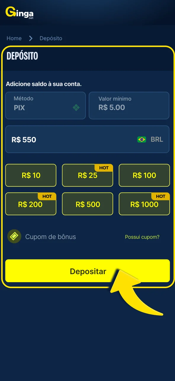 Faça um depósito via Pix na Gingabet.